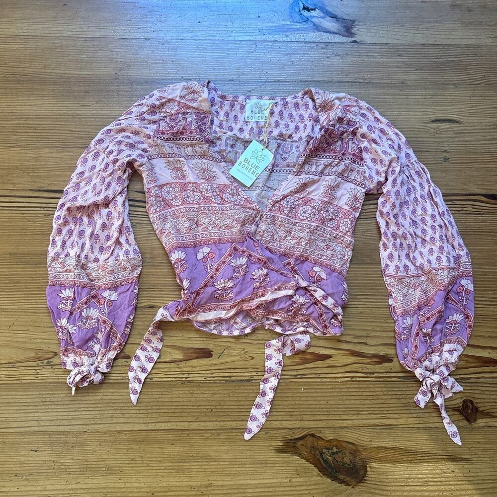 NWT Blue Boheme Bella pink romantic boho puff long sleeve wrap waist blouse OS‎